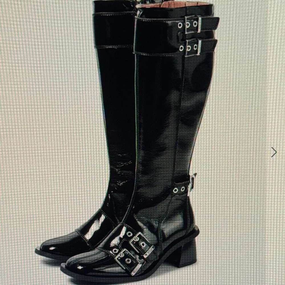 Ganni Black Patent Leather Knee-High Buckle Boots - Picture 1 of 15